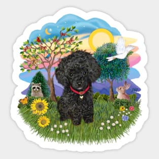 A Scenic Meadow With a Fluffy Black Toy Poodle Sticker